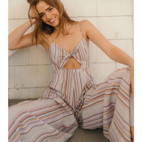 6 Shore Road Linen Striped Jumpsuit Sz. M - Picture 2 of 6